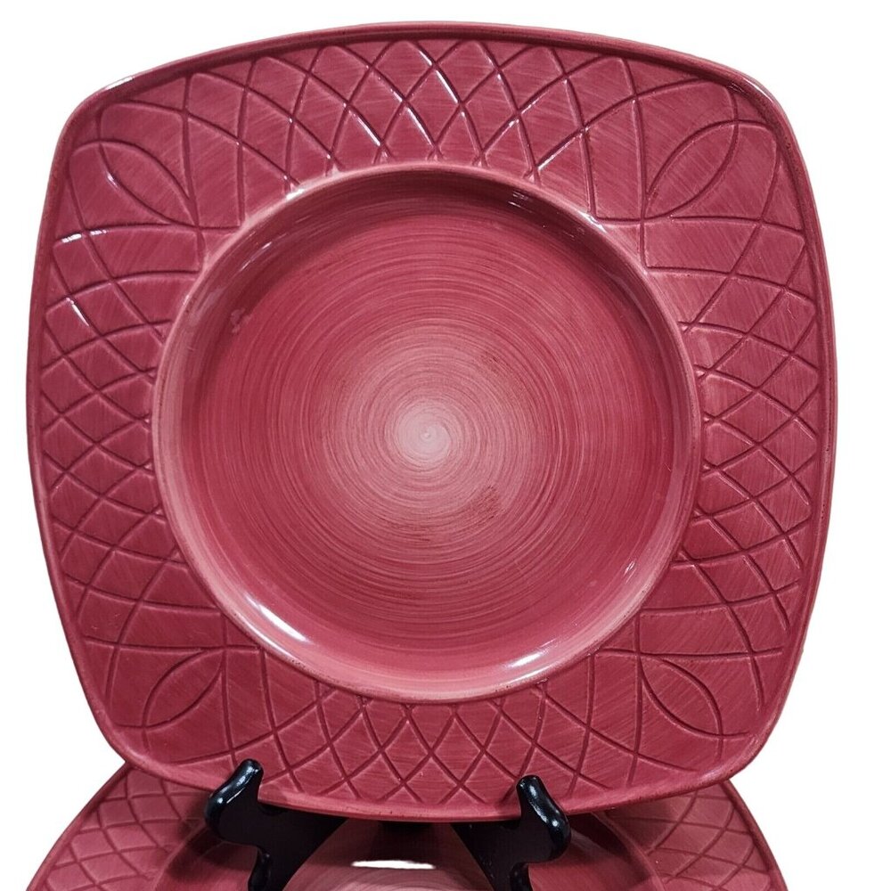 2 Pfaltzgraff Paradise Flame Dinner Plates 11.5" square red etched stoneware